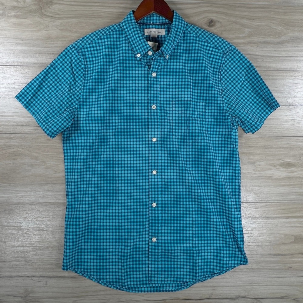 Aeropostale Mens Blue Gingham Check Short Sleeve Button Down Shirt Size L NEW